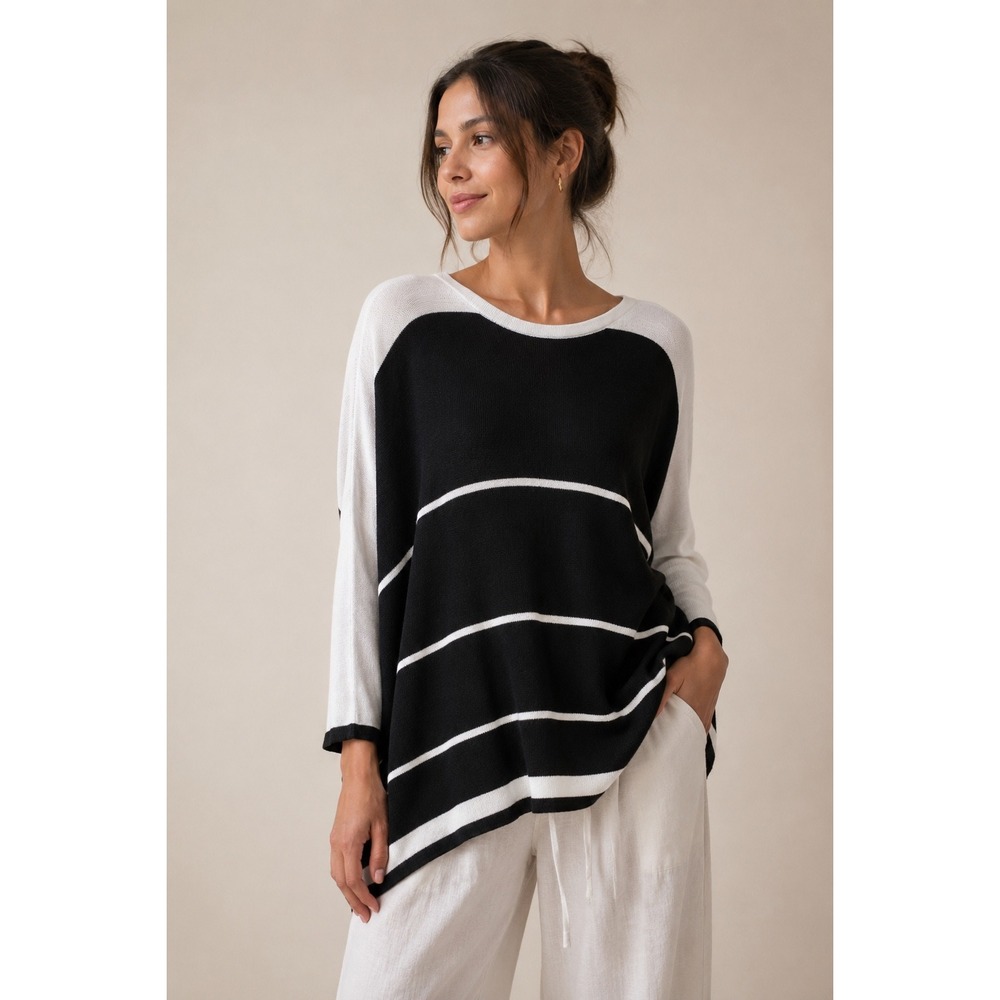 Planet Striped Knit Sweater Women OS Black White Pima Cotton Modal Oversized